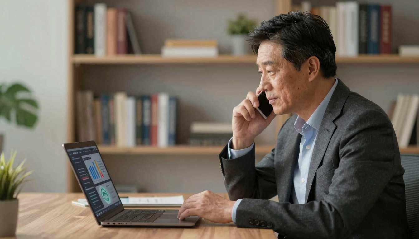 Middle-aged businessman evaluating ad videography ROI on laptop, executive home office, bookshelf background - ad videography