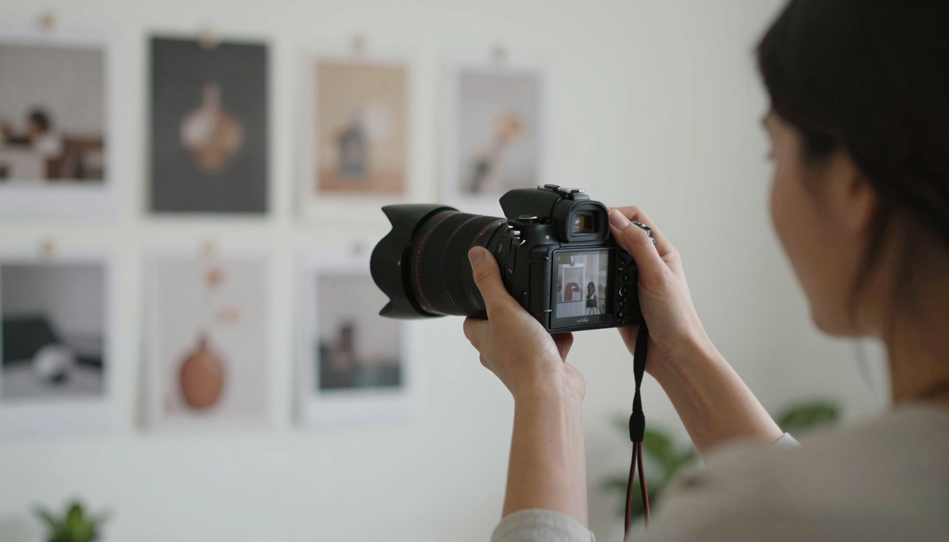 Female photographer using ad videography for client work, creative studio with mood boards on wall - ad videography