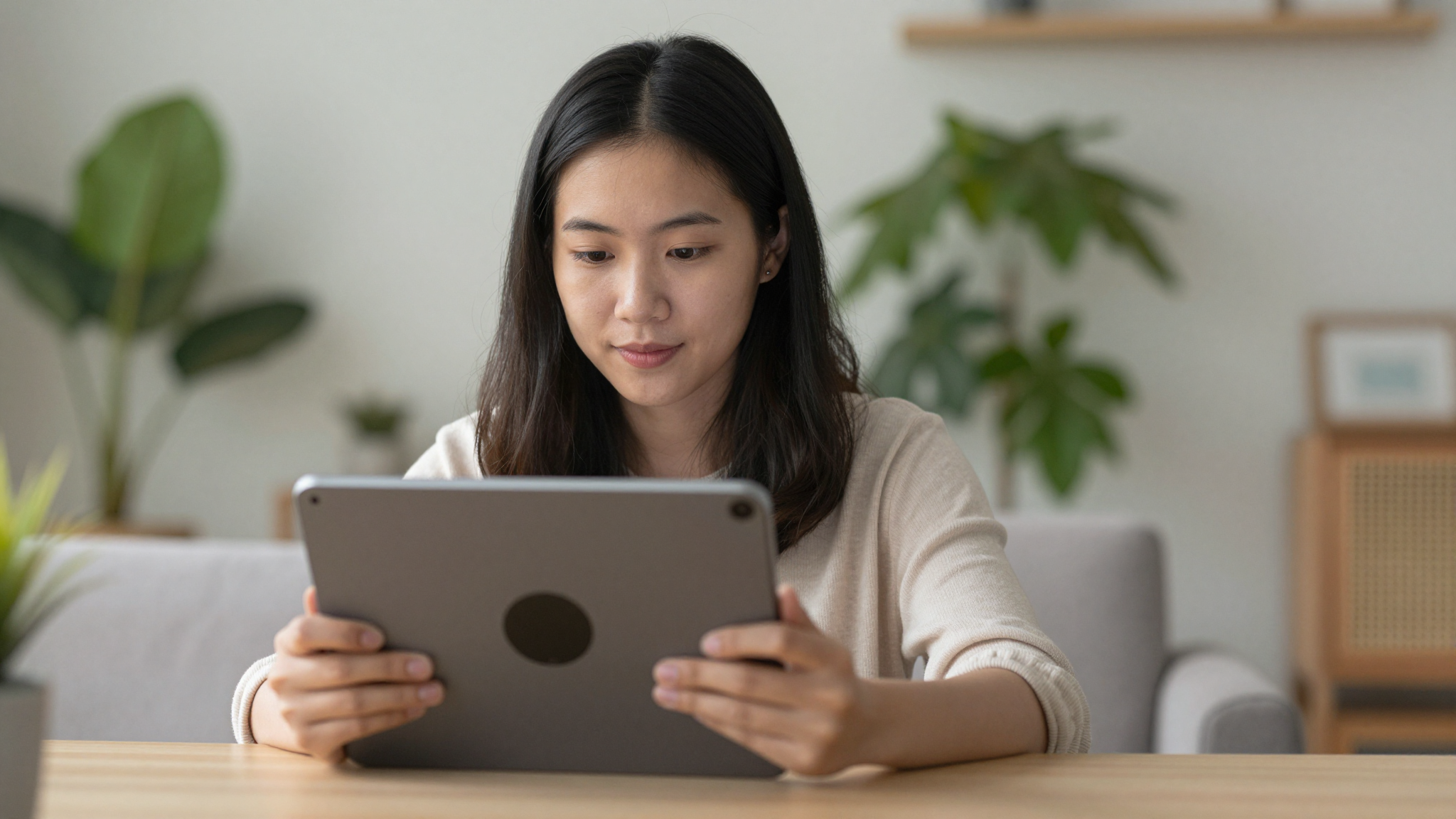 Young Asian woman testing ad videography platform on tablet, cozy home setting, plants in background - ad videography
