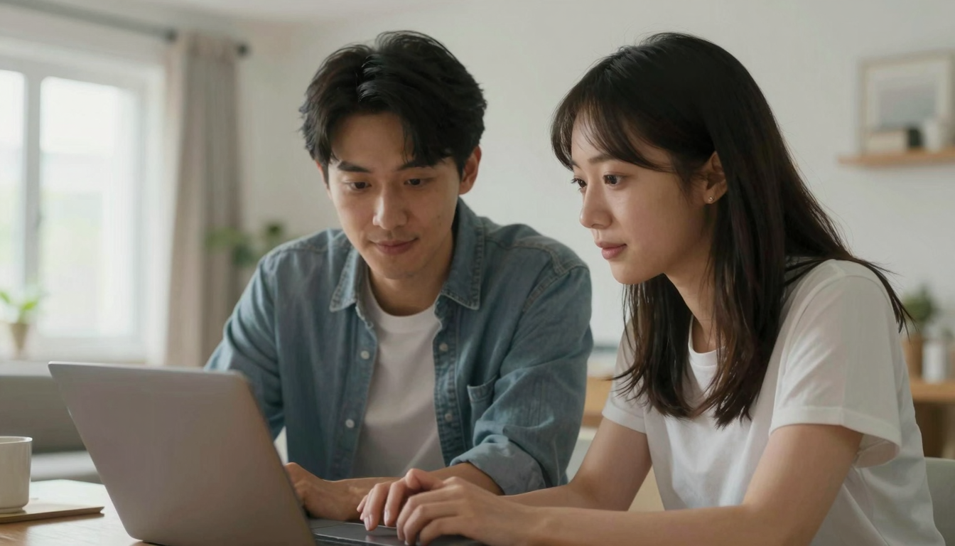 Young couple collaborating on ad videography content, bright airy apartment, authentic candid moment - ad videography