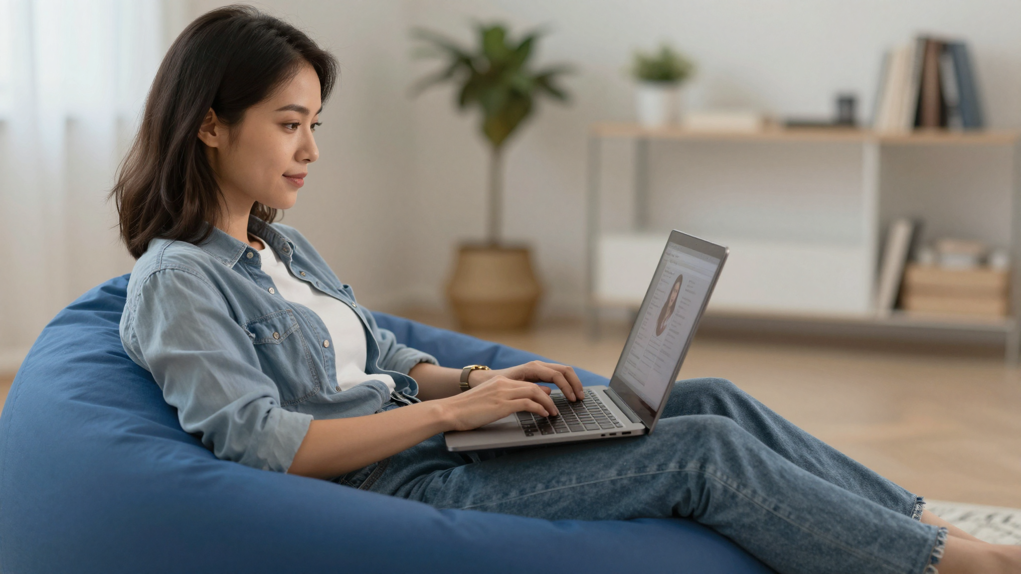 Female social media manager scheduling ad videography campaigns, laptop in beanbag chair, casual creative vibe - ad videography