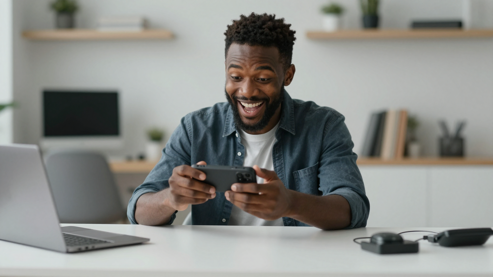 Black male tech enthusiast unboxing ad videography tool, clean desk setup, excited genuine reaction - ad videography