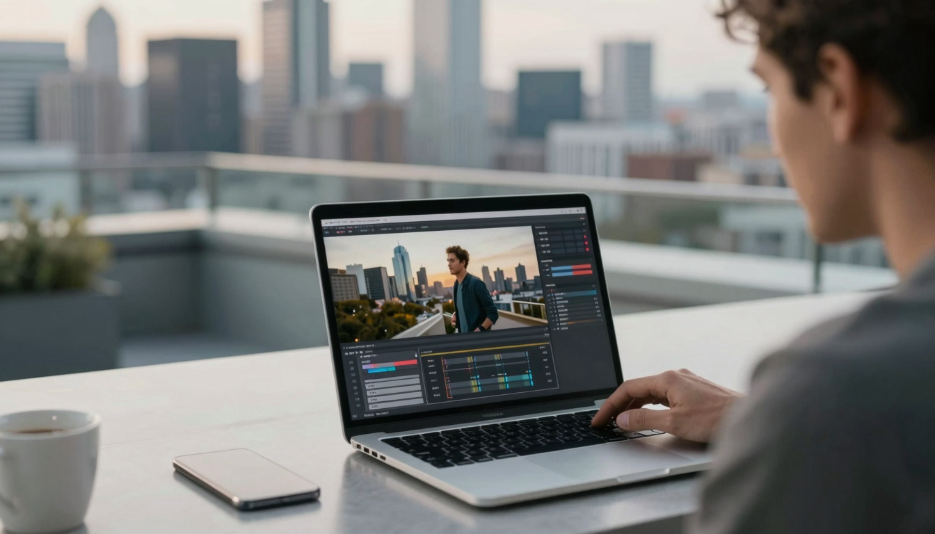 Male content strategist editing ad videography video on MacBook, rooftop terrace with city skyline backdrop - ad videography