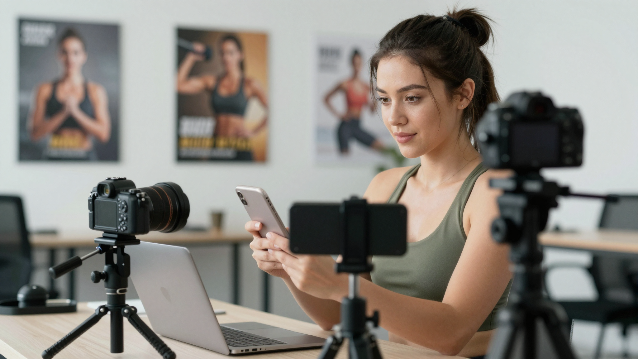 Woman fitness influencer integrating ad videography into workflow, bright gym office, motivational posters - ad videography