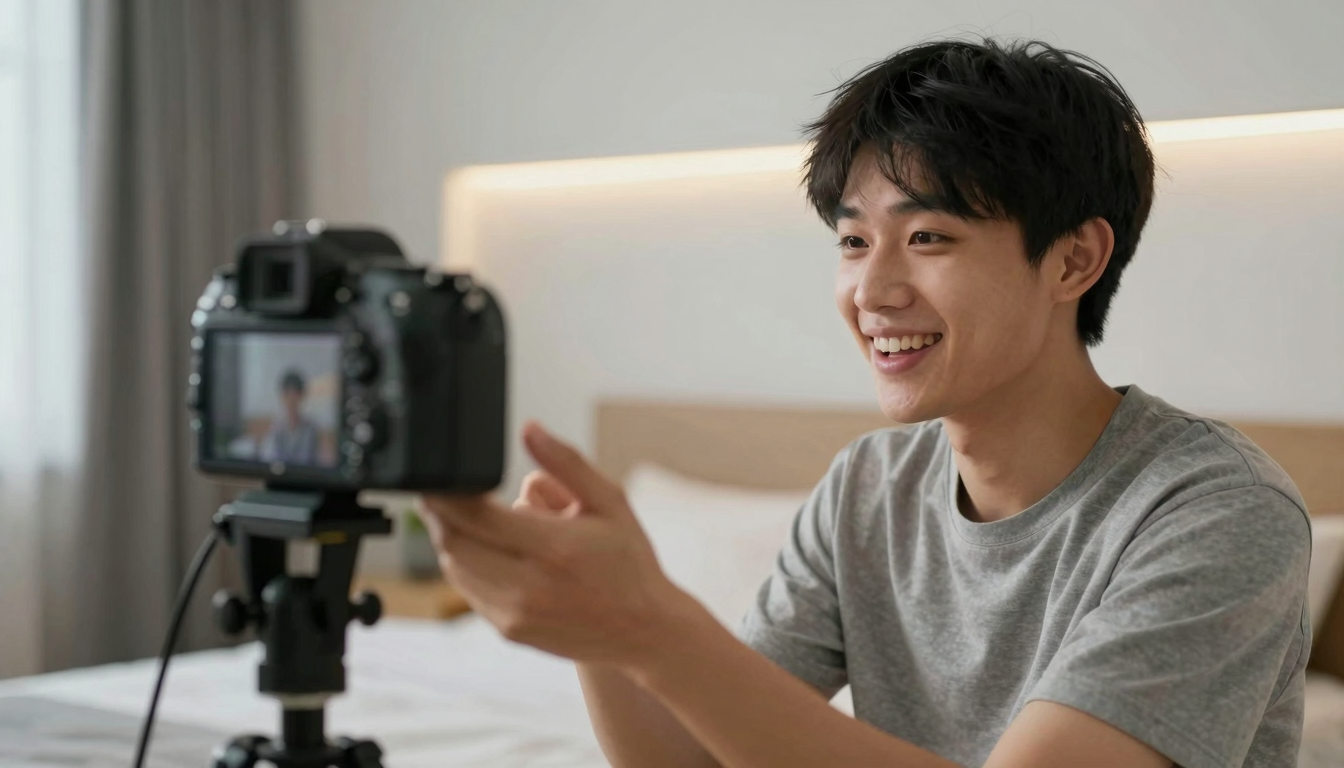 Young creator filming ad videography testimonial, bedroom setup with LED strips, genuine enthusiastic smile - ad videography