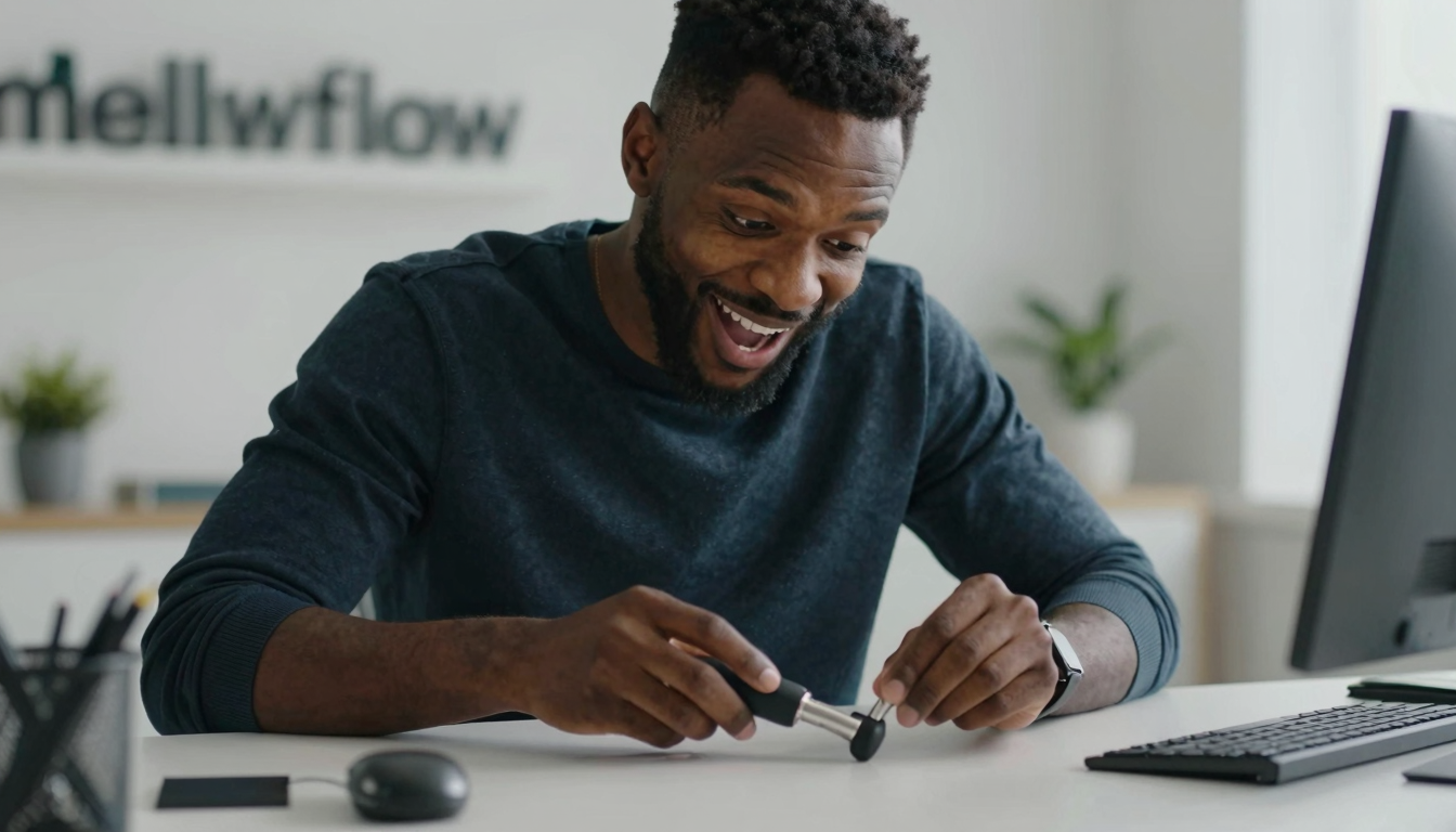 Black male tech enthusiast unboxing mellowflow tool, clean desk setup, excited genuine reaction - mellowflow