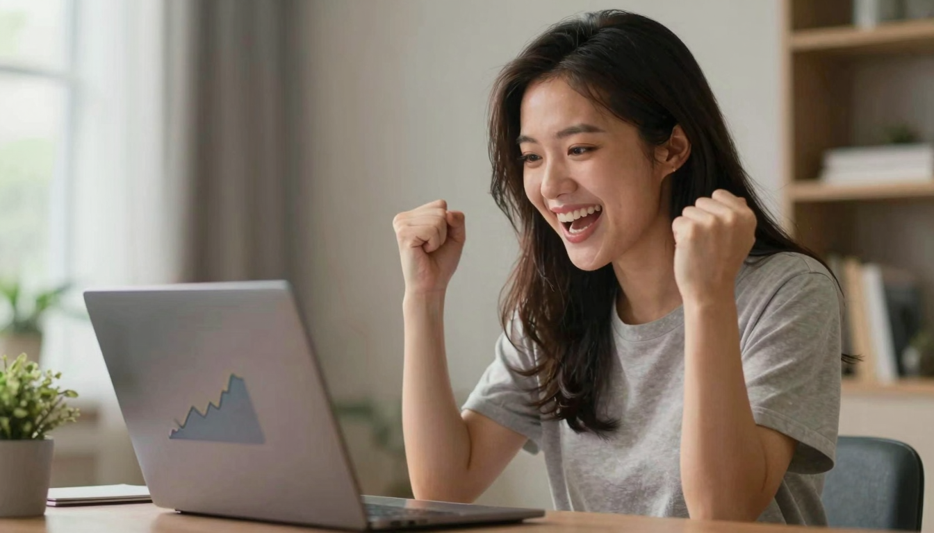 Young woman celebrating mellowflow campaign success, laptop open with graphs, fist pump expression - mellowflow