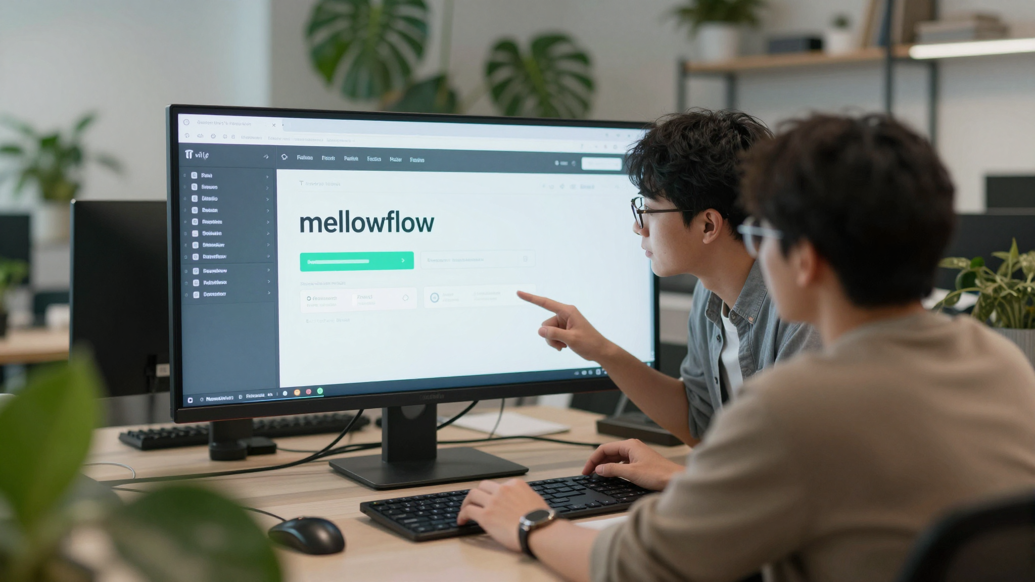 Creative team of two reviewing mellowflow output on shared screen, trendy office with plants - mellowflow