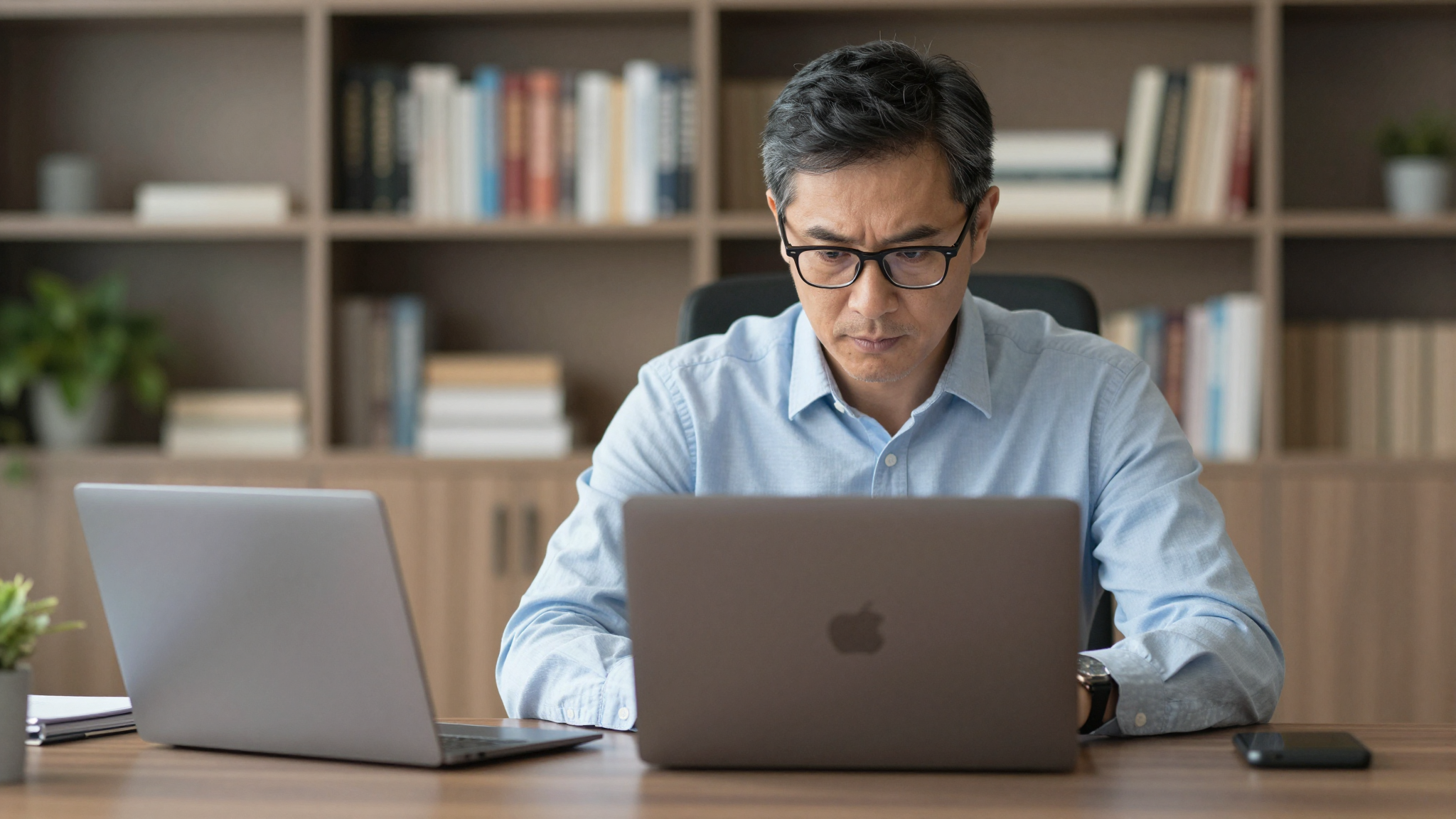 Middle-aged businessman evaluating mellowflow ROI on laptop, executive home office, bookshelf background - mellowflow