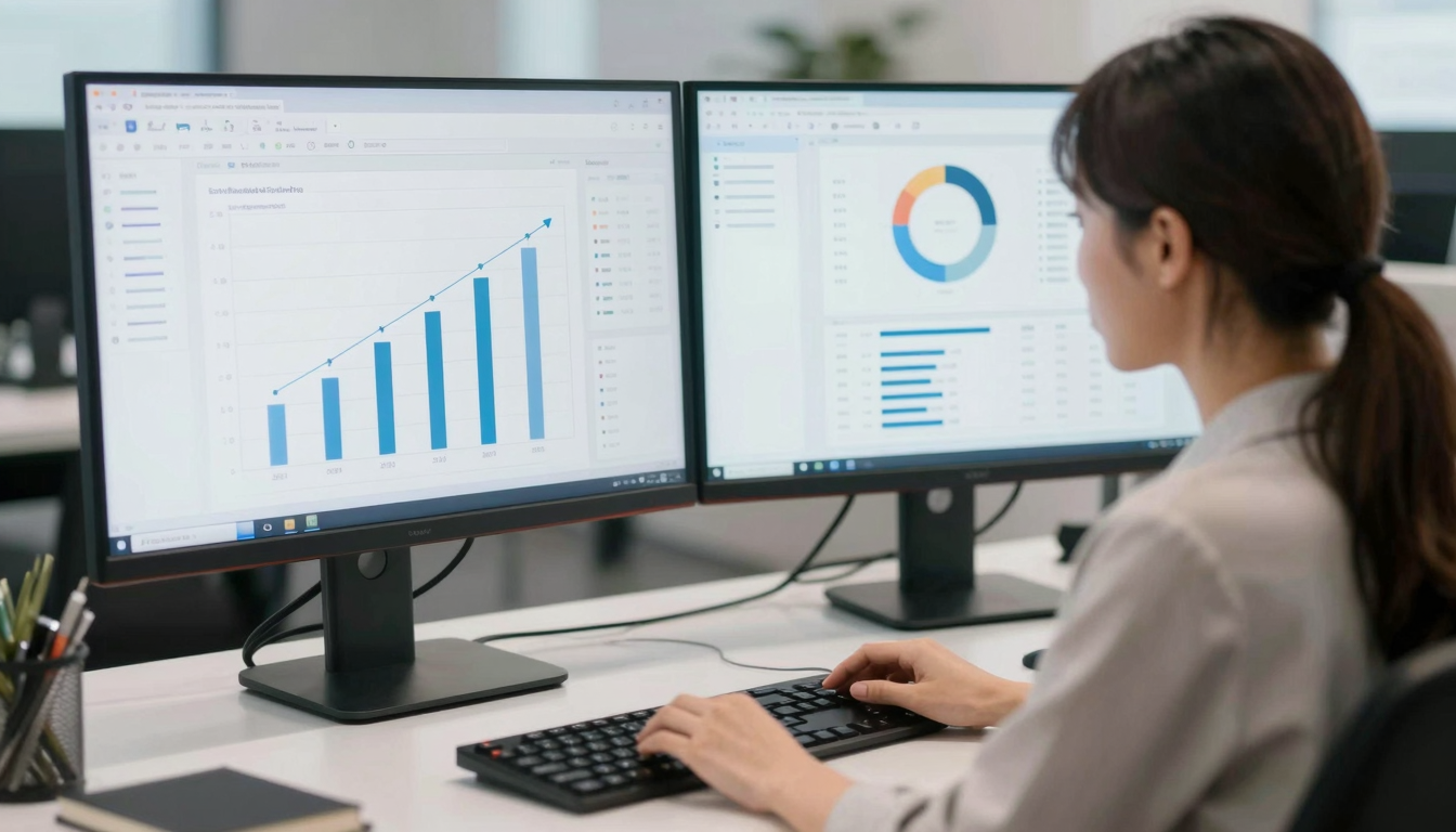 Female data analyst reviewing mellowflow performance metrics, dual monitors, clean modern workspace - mellowflow