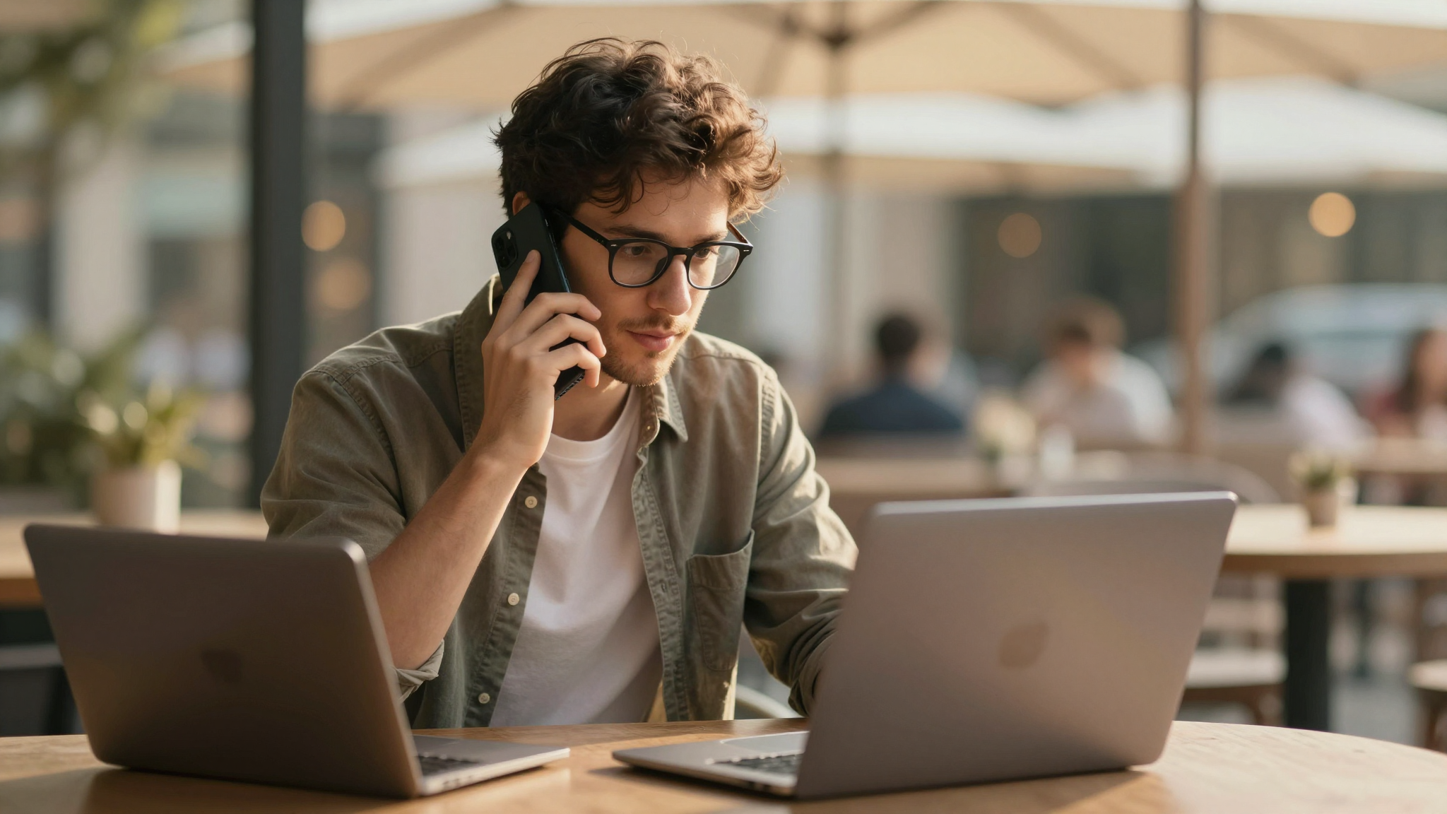 Male freelancer comparing mellowflow options on phone, outdoor cafe terrace, golden hour lighting - mellowflow