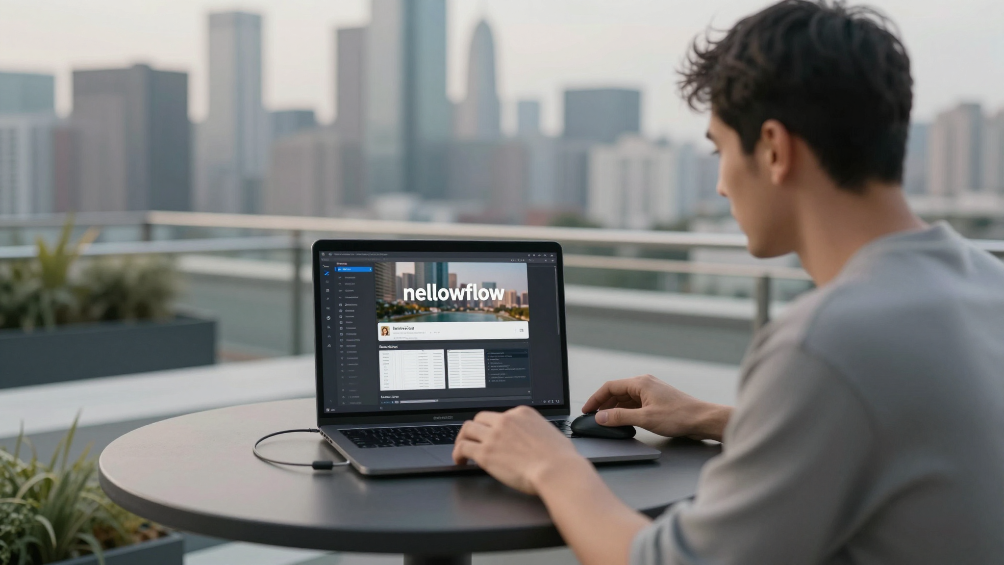 Male content strategist editing mellowflow video on MacBook, rooftop terrace with city skyline backdrop - mellowflow