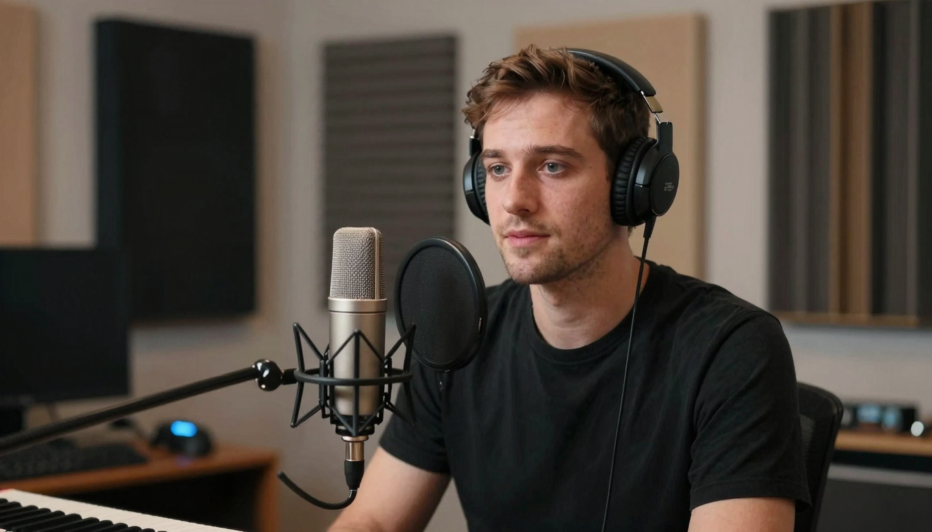 Male vlogger discussing mellowflow trends, home studio with acoustic panels, professional microphone - mellowflow
