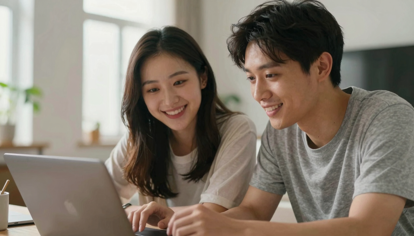 Young couple collaborating on is coursiv legit content, bright airy apartment, authentic candid moment - is coursiv legit