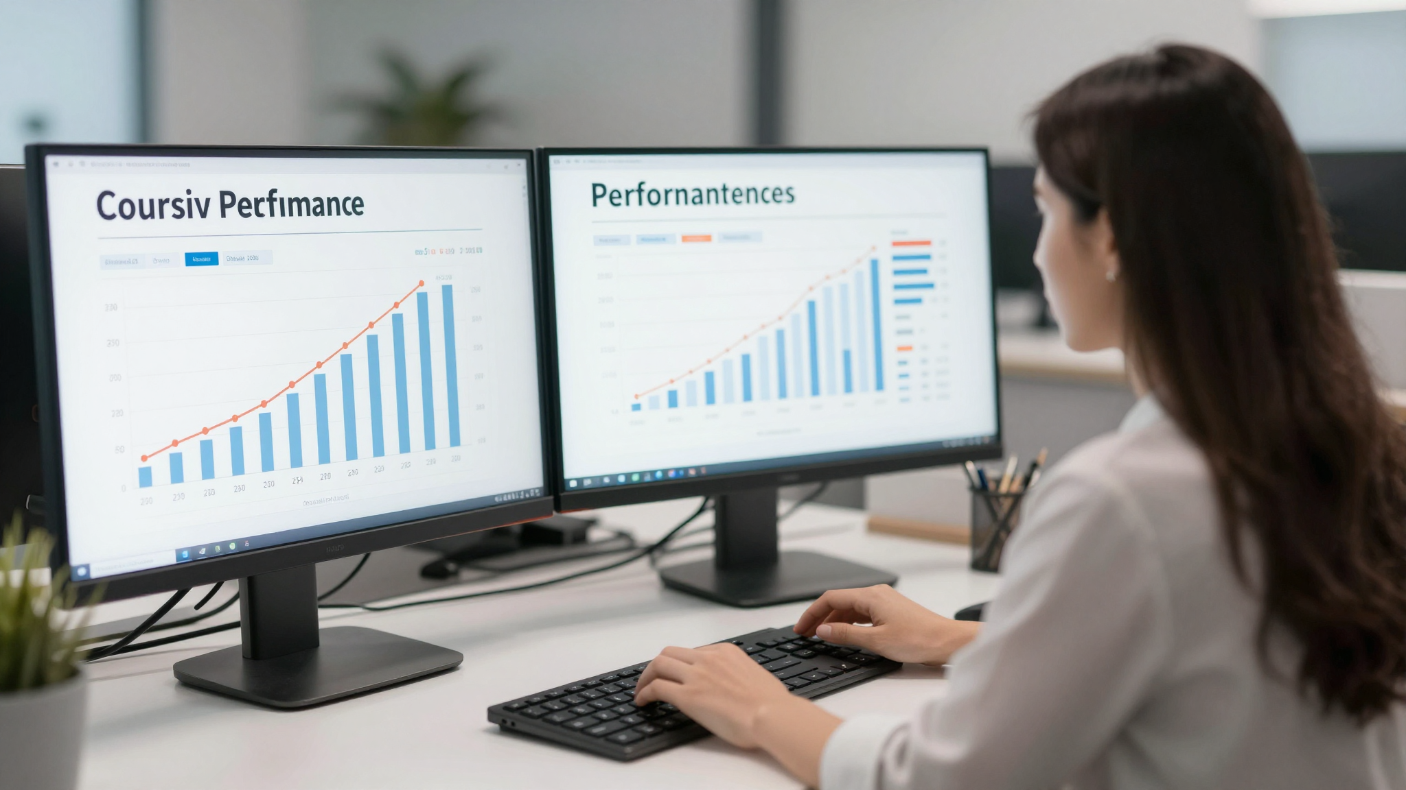 Female data analyst reviewing is coursiv legit performance metrics, dual monitors, clean modern workspace - is coursiv legit
