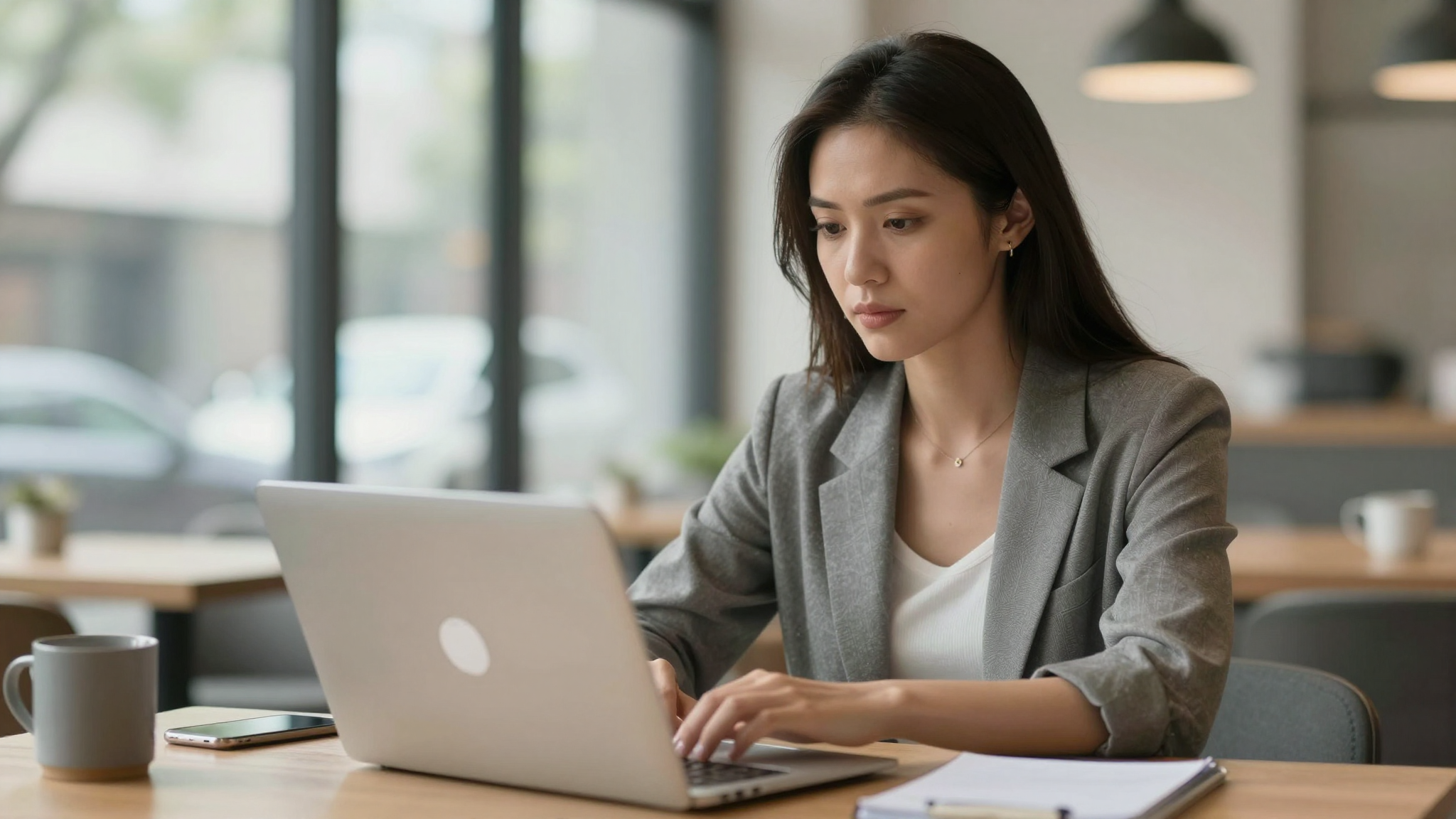 Female startup founder working on is coursiv legit project in trendy cafe, natural daylight, determined expression - is coursiv legit