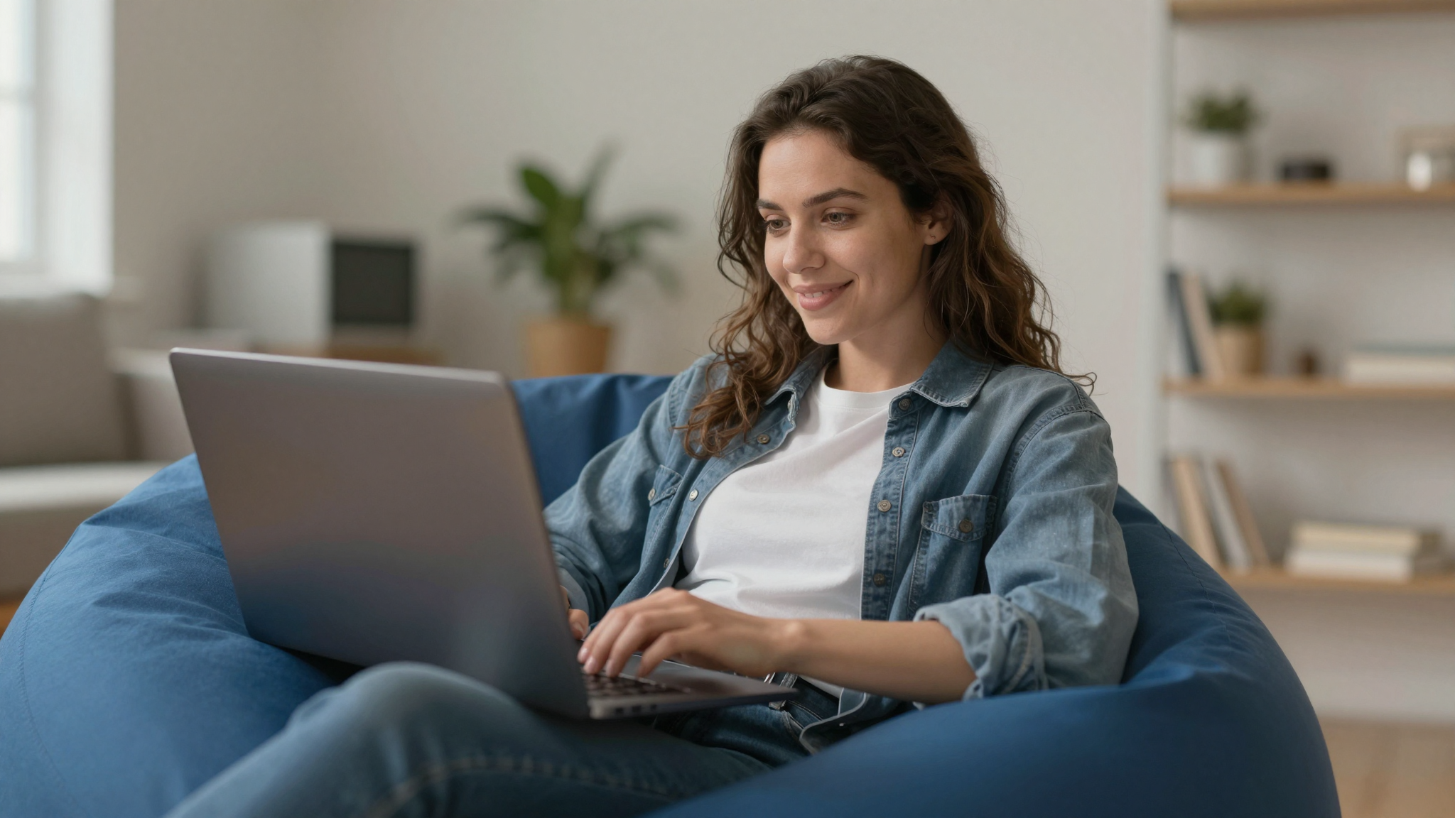 Female social media manager scheduling is coursiv legit campaigns, laptop in beanbag chair, casual creative vibe - is coursiv legit