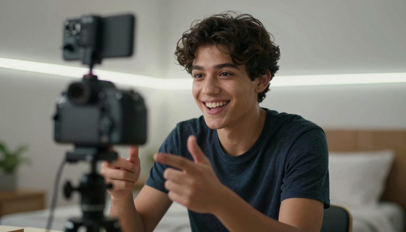 Young creator filming is coursiv legit testimonial, bedroom setup with LED strips, genuine enthusiastic smile - is coursiv legit