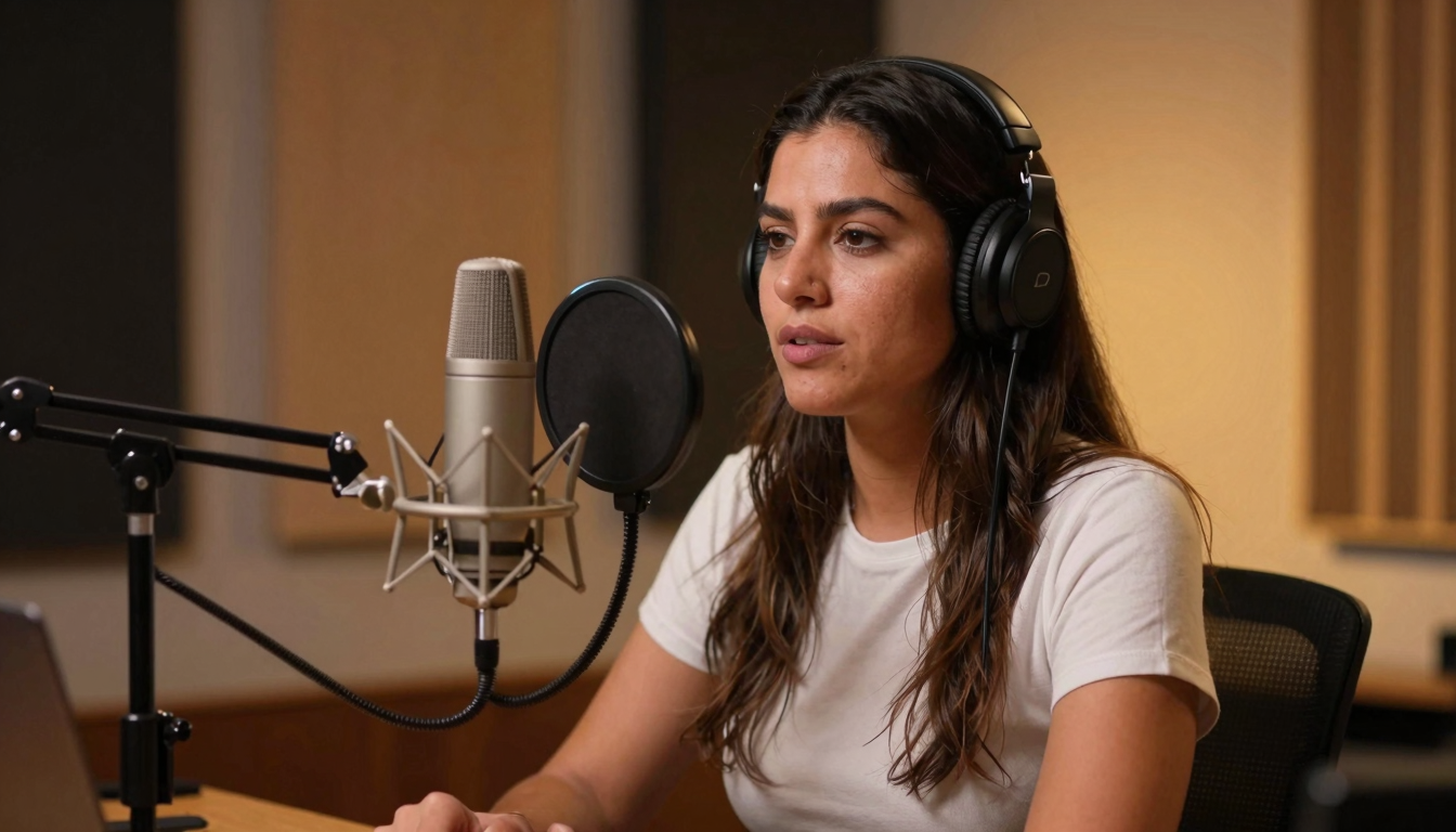 Hispanic woman recording is coursiv legit tutorial, professional podcast studio, warm amber lighting - is coursiv legit