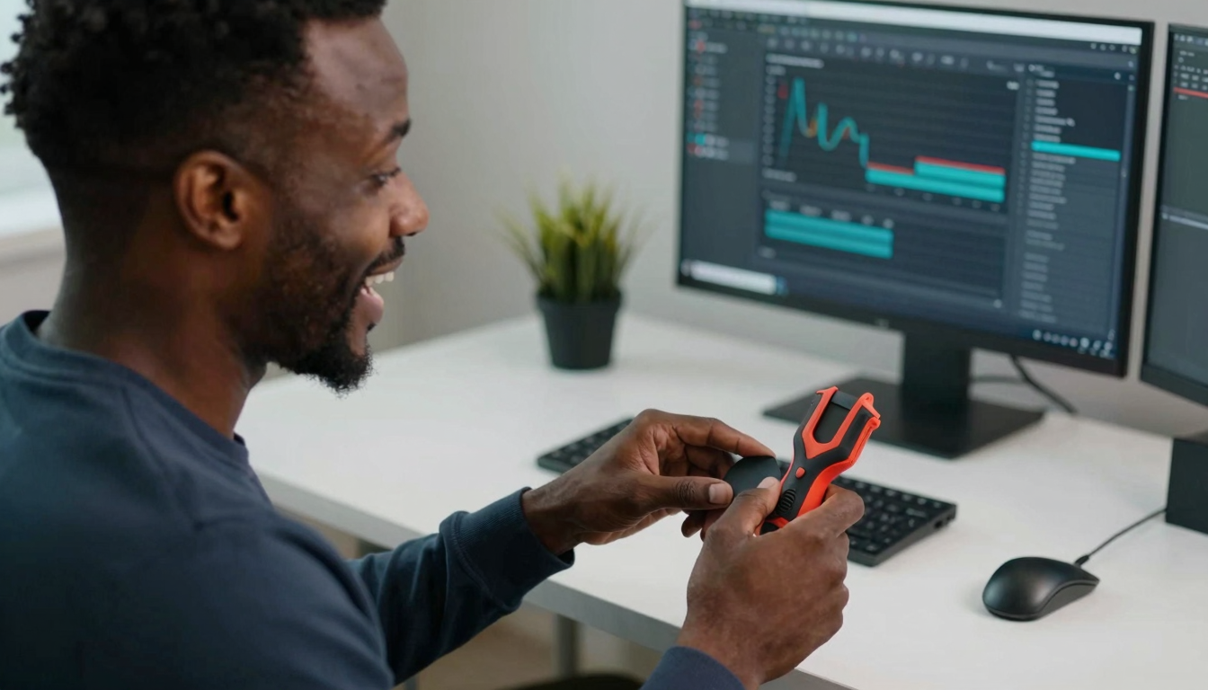 Black male tech enthusiast unboxing is coursiv legit tool, clean desk setup, excited genuine reaction - is coursiv legit