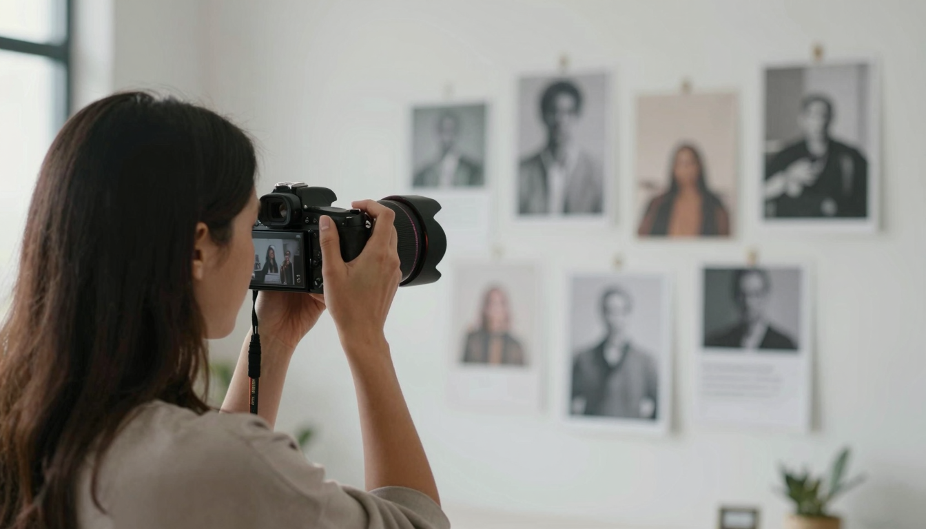 Female photographer using is coursiv legit for client work, creative studio with mood boards on wall - is coursiv legit