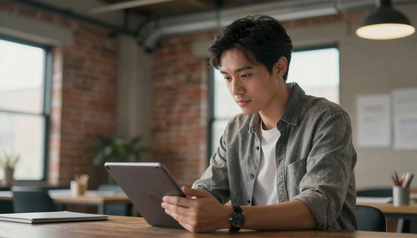 Creative director brainstorming is coursiv legit campaign ideas on tablet, industrial loft with exposed brick - is coursiv legit