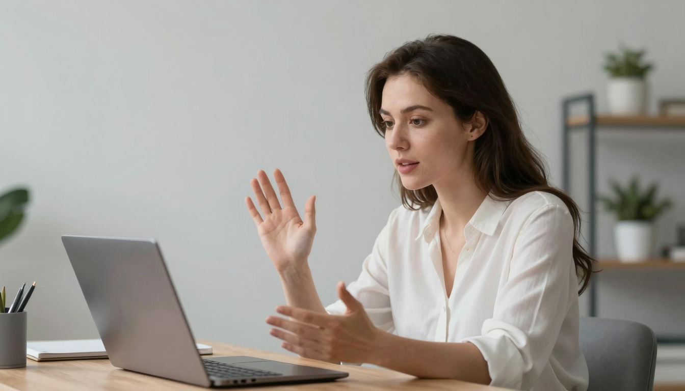 Woman in her 30s discussing arcid on video call in minimalist Scandinavian office, soft lighting - arcid