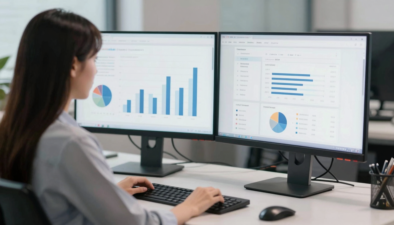 Female data analyst reviewing arcid performance metrics, dual monitors, clean modern workspace - arcid