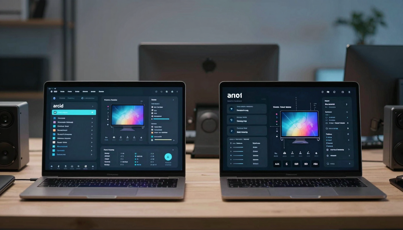 Tech reviewer comparing arcid features side by side, multiple devices on desk, detailed analysis - arcid