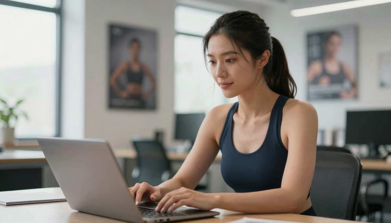 Woman fitness influencer integrating arcid into workflow, bright gym office, motivational posters - arcid