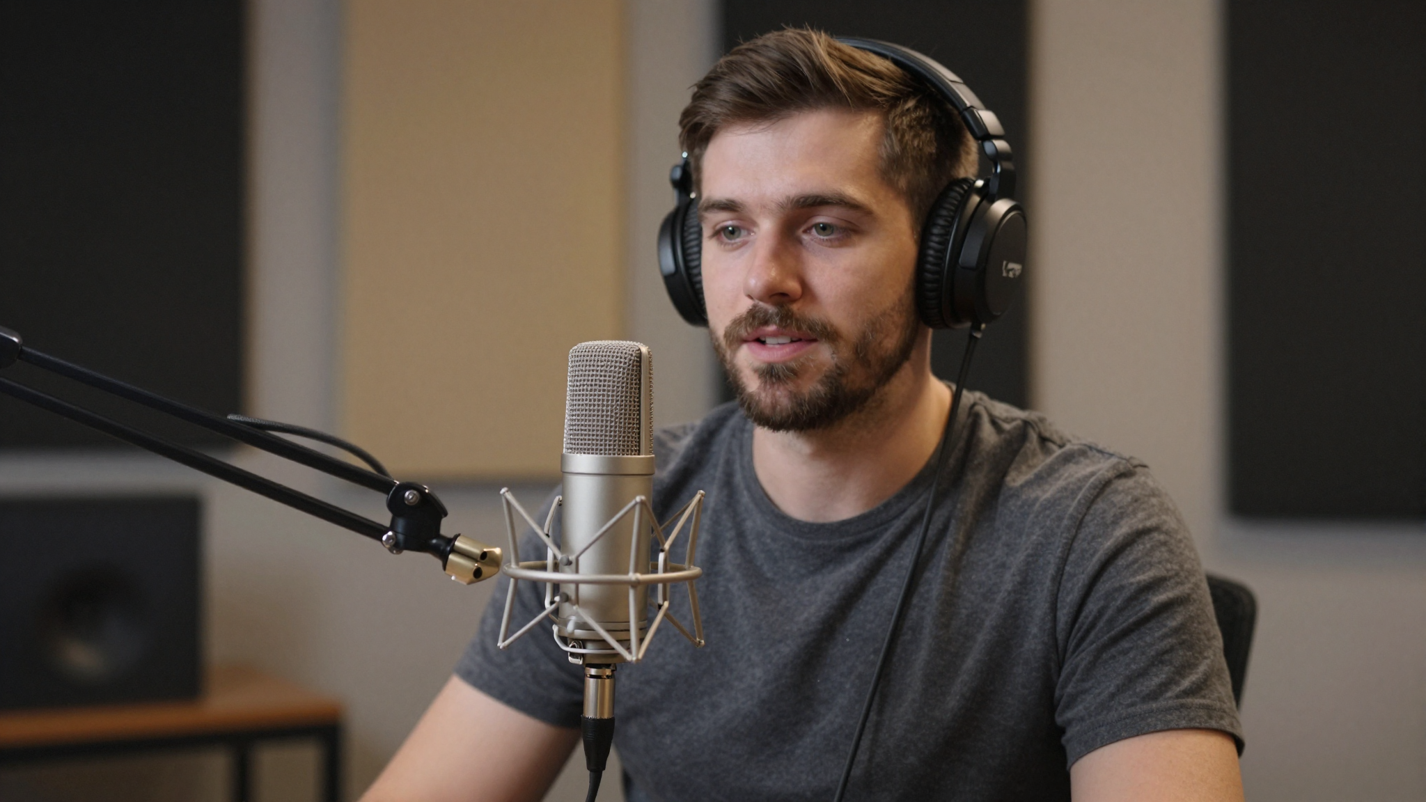 Male vlogger discussing arcid trends, home studio with acoustic panels, professional microphone - arcid