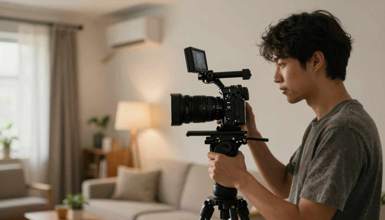 Young man filming arcid review video with professional camera setup, studio apartment, warm tones - arcid