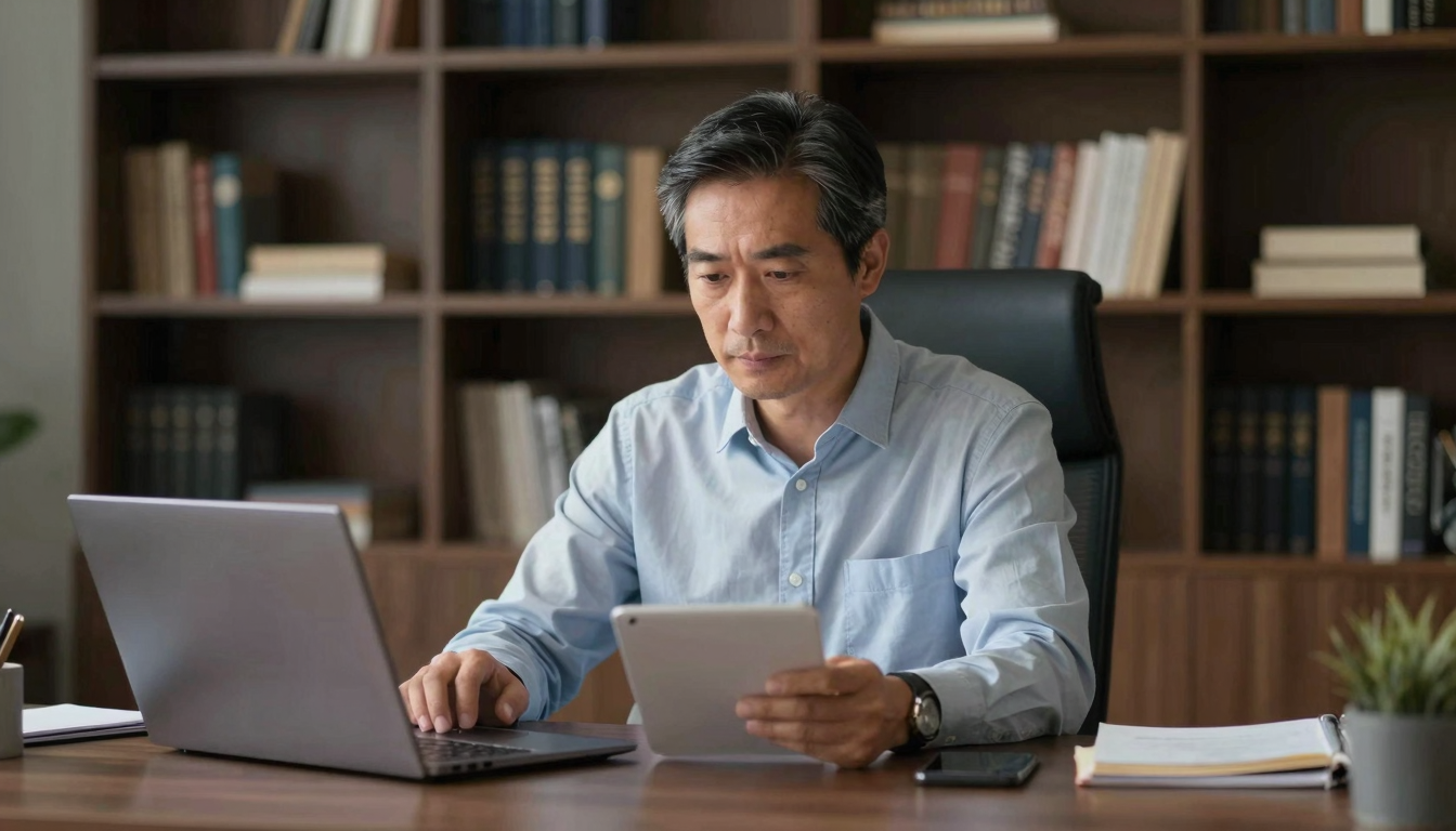 Middle-aged businessman evaluating arcid ROI on laptop, executive home office, bookshelf background - arcid