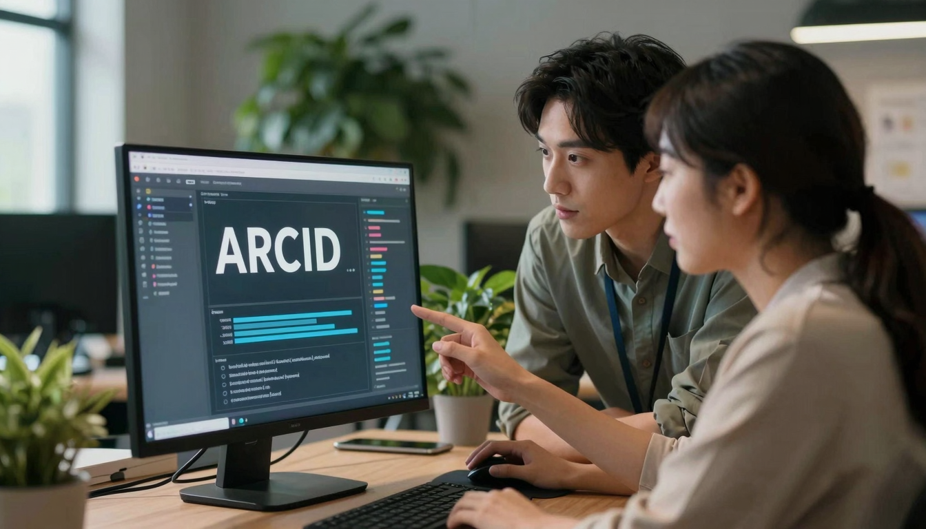 Creative team of two reviewing arcid output on shared screen, trendy office with plants - arcid