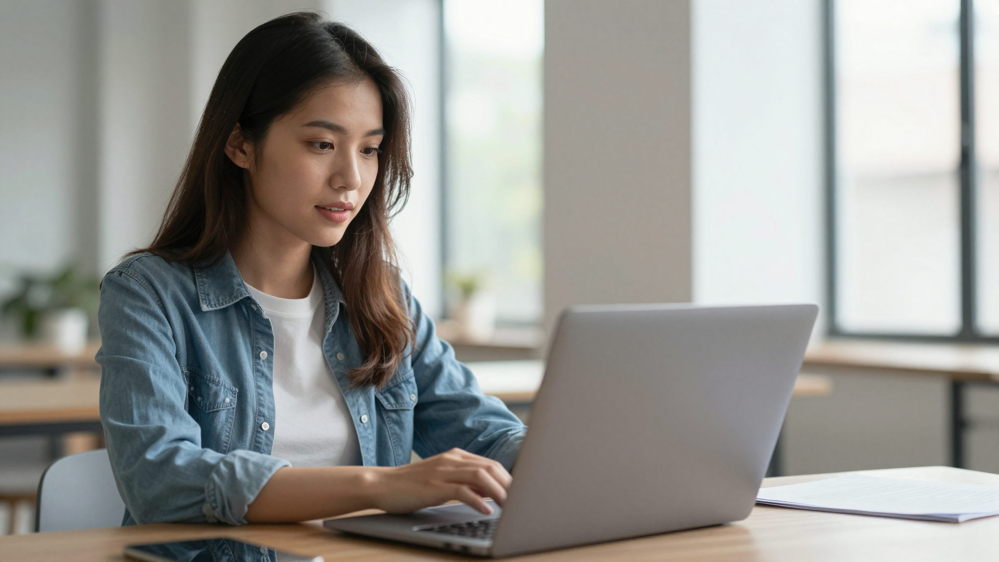 Young woman content creator reviewing arcid on laptop in a bright modern loft, natural window light, casual stylish outfit - arcid