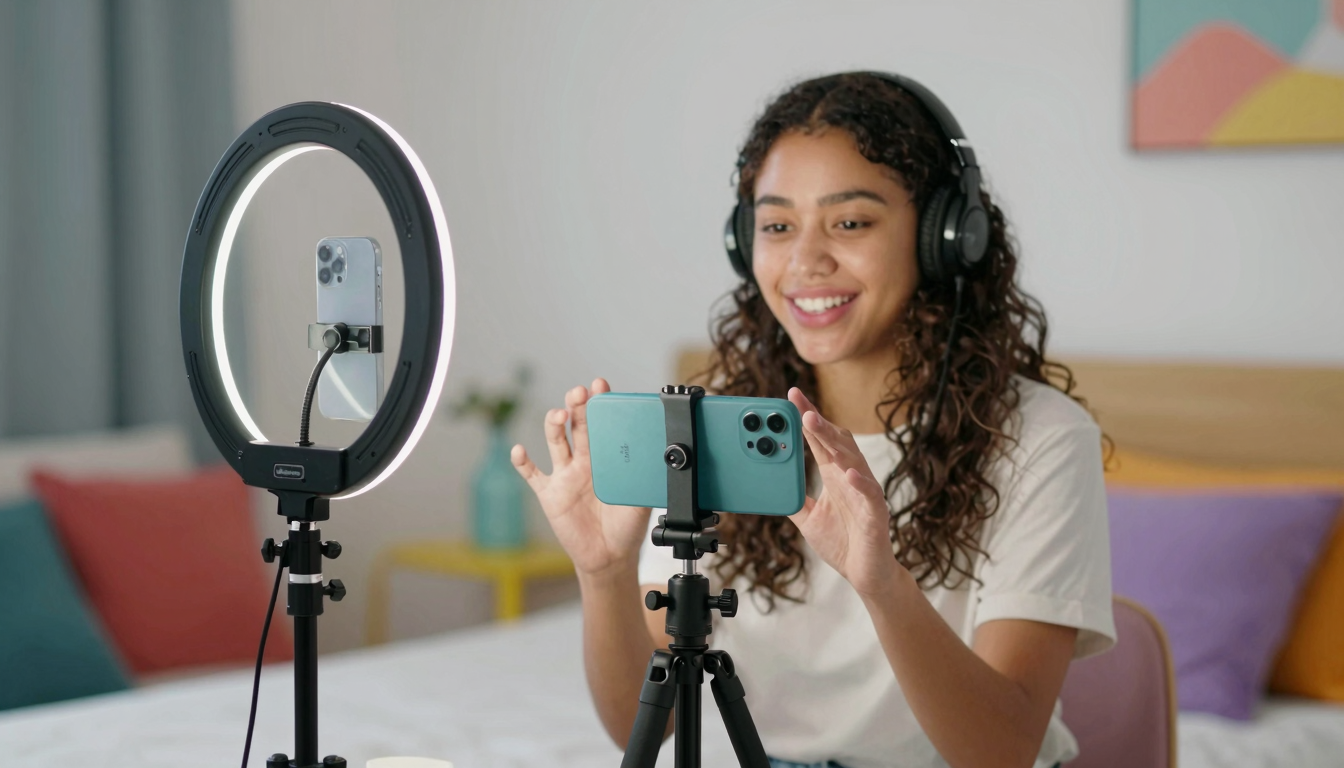 Gen Z influencer creating arcid content with smartphone on tripod, colorful bedroom setup, ring light - arcid