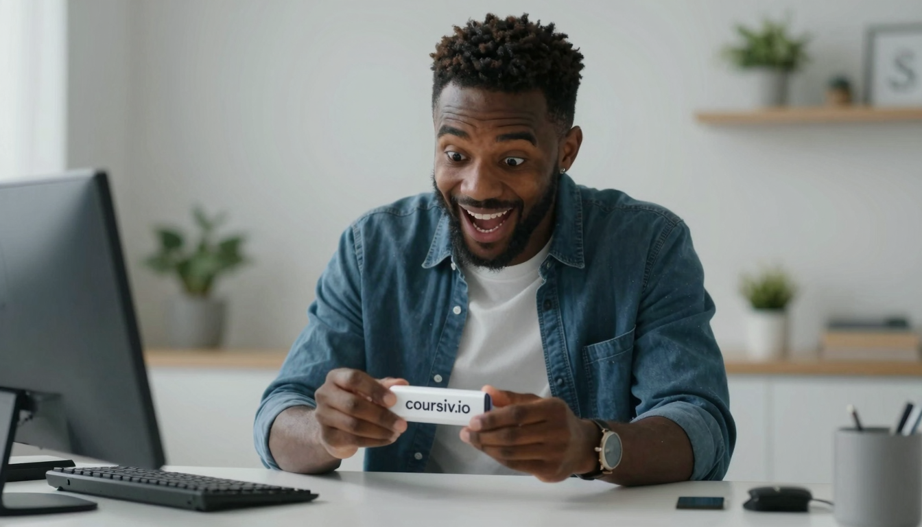 Black male tech enthusiast unboxing coursiv.io reviews tool, clean desk setup, excited genuine reaction - coursiv.io reviews