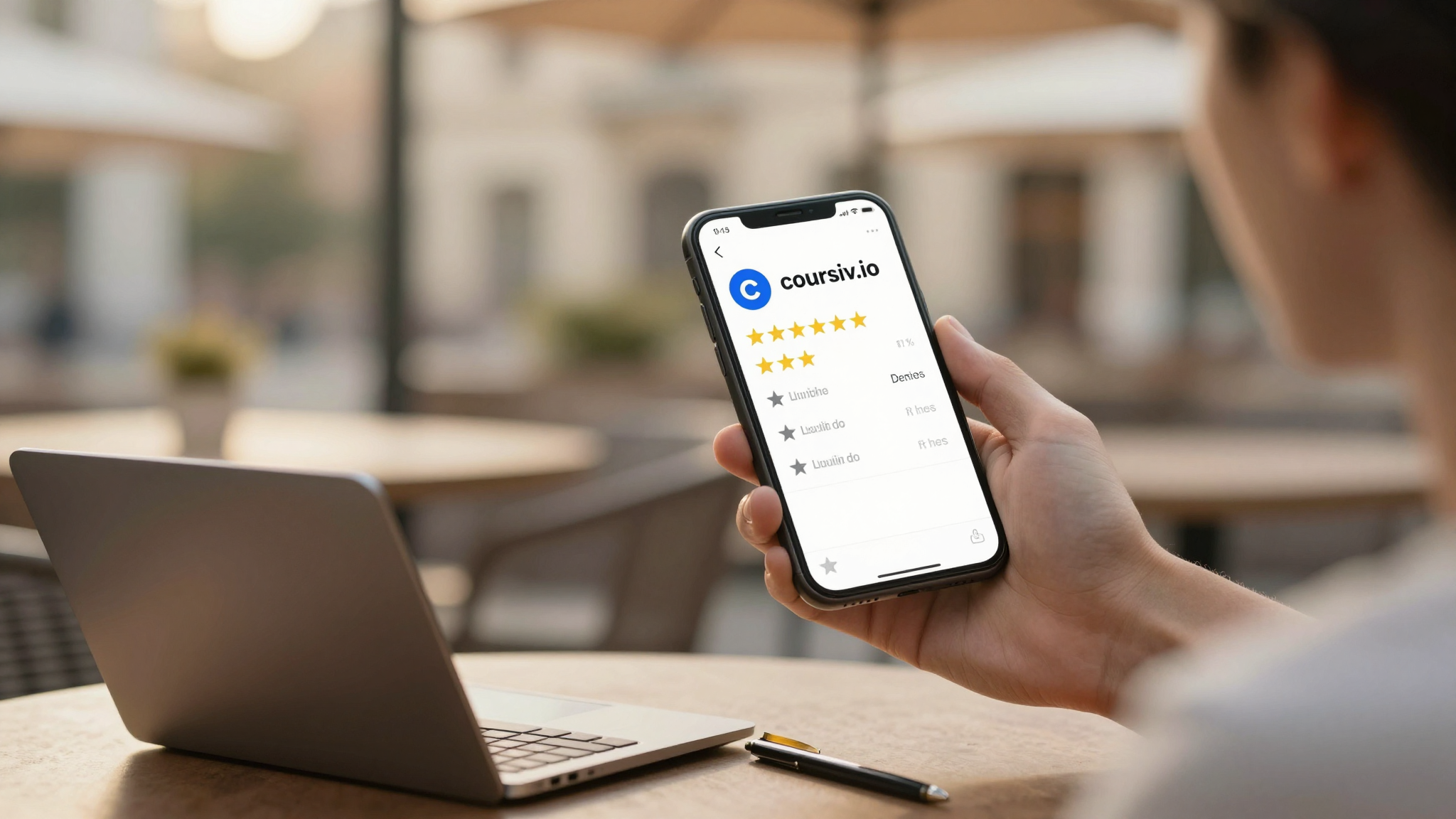 Male freelancer comparing coursiv.io reviews options on phone, outdoor cafe terrace, golden hour lighting - coursiv.io reviews