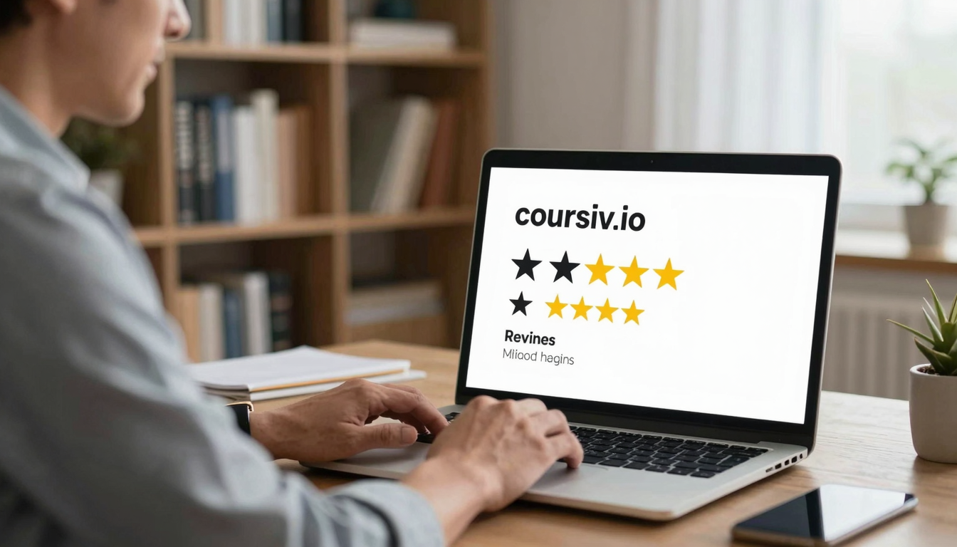 Middle-aged businessman evaluating coursiv.io reviews ROI on laptop, executive home office, bookshelf background - coursiv.io reviews