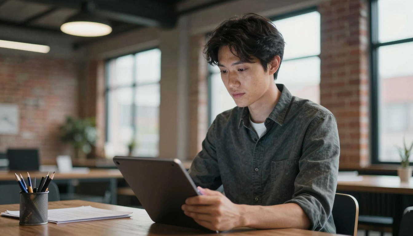 Creative director brainstorming coursiv.io reviews campaign ideas on tablet, industrial loft with exposed brick - coursiv.io reviews
