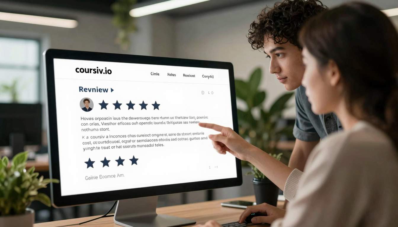 Creative team of two reviewing coursiv.io reviews output on shared screen, trendy office with plants - coursiv.io reviews