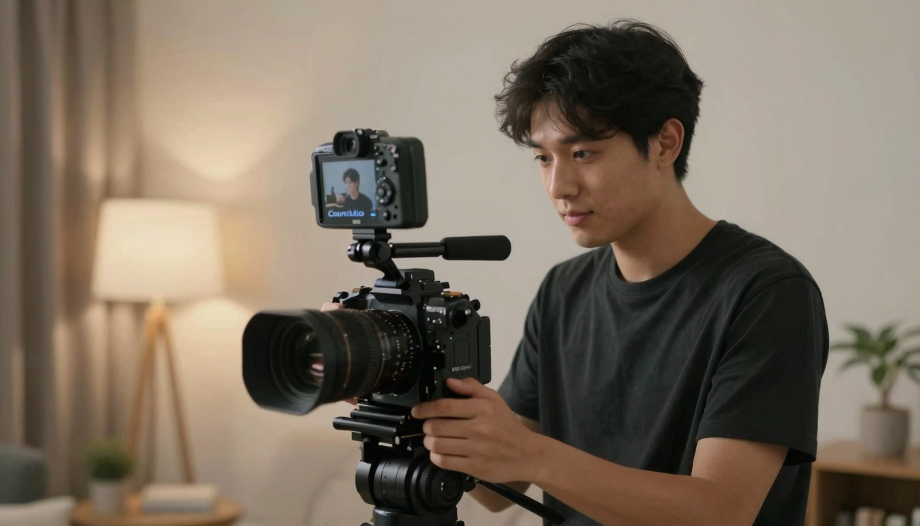 Young man filming coursiv.io reviews review video with professional camera setup, studio apartment, warm tones - coursiv.io reviews