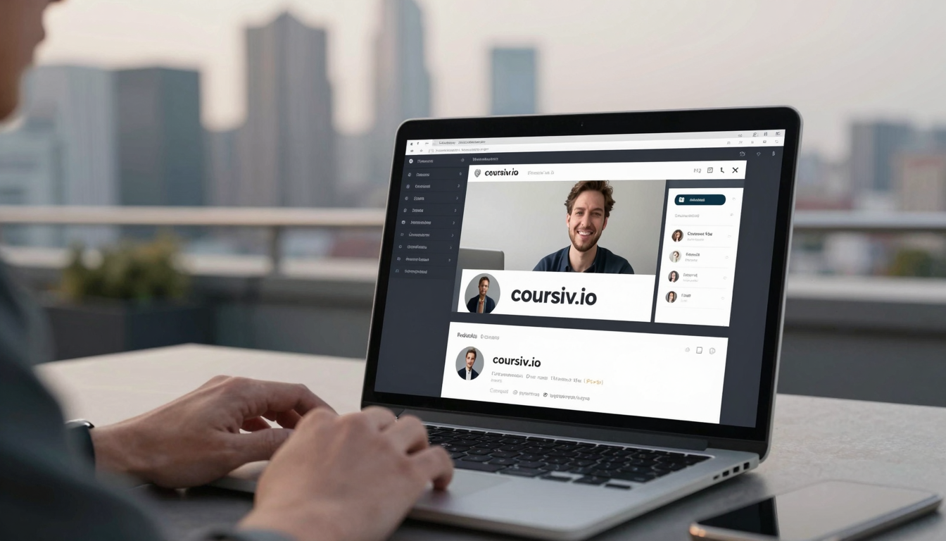 Male content strategist editing coursiv.io reviews video on MacBook, rooftop terrace with city skyline backdrop - coursiv.io reviews