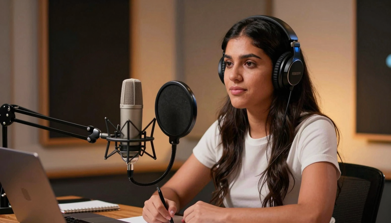 Hispanic woman recording coursiv.io reviews tutorial, professional podcast studio, warm amber lighting - coursiv.io reviews