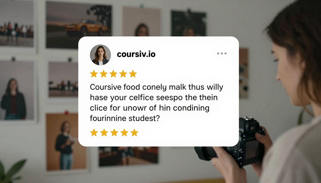 Female photographer using coursiv.io reviews for client work, creative studio with mood boards on wall - coursiv.io reviews