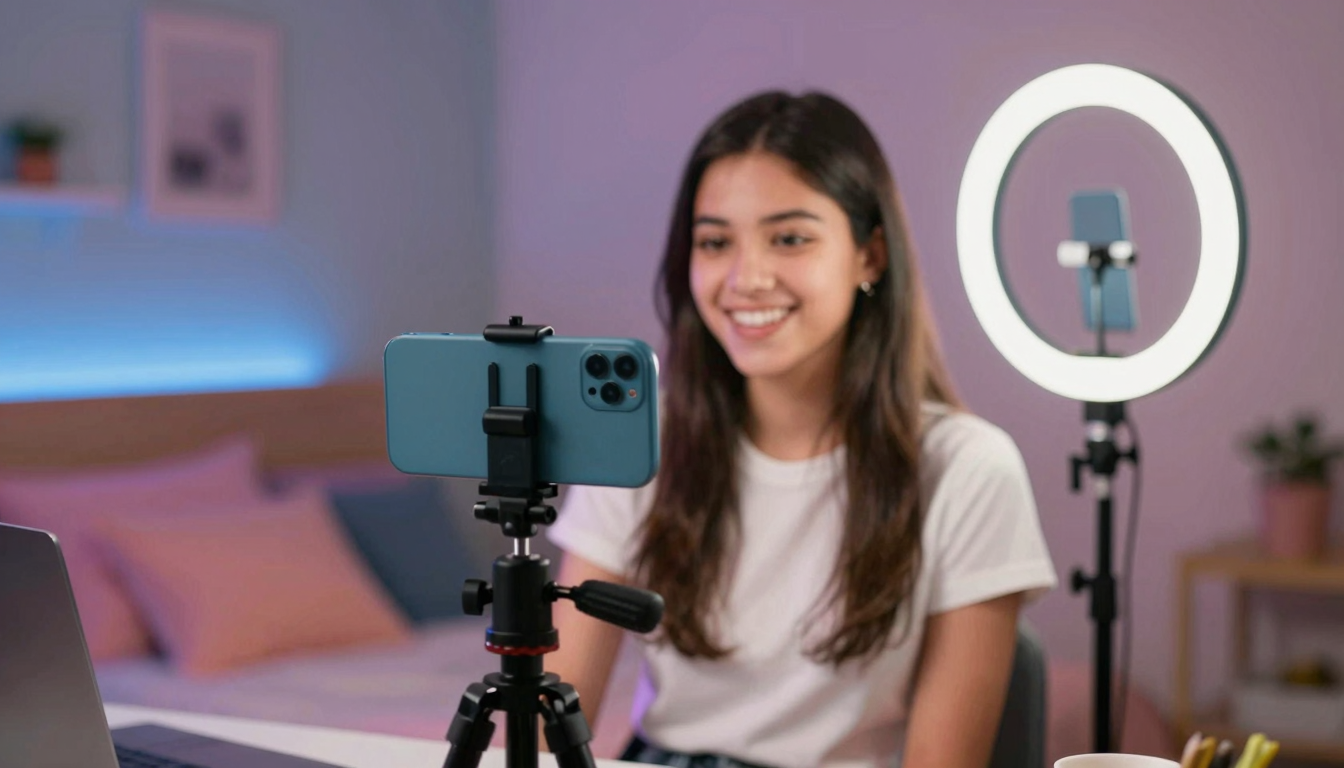 Gen Z influencer creating free ugc content with smartphone on tripod, colorful bedroom setup, ring light - free ugc