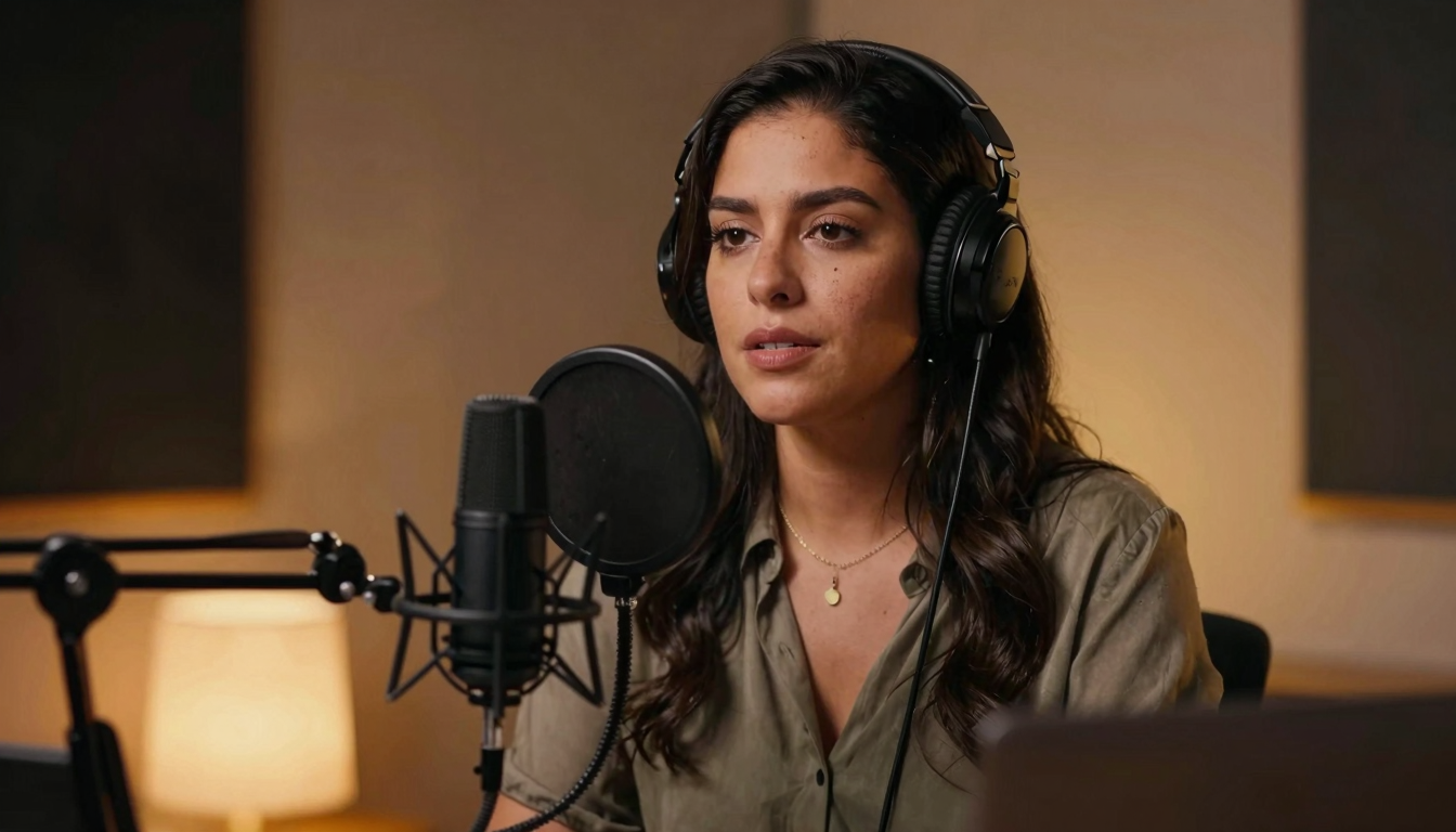 Hispanic woman recording free ugc tutorial, professional podcast studio, warm amber lighting - free ugc