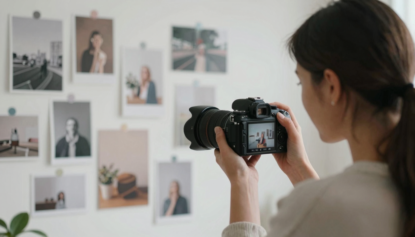 Female photographer using free ugc for client work, creative studio with mood boards on wall - free ugc