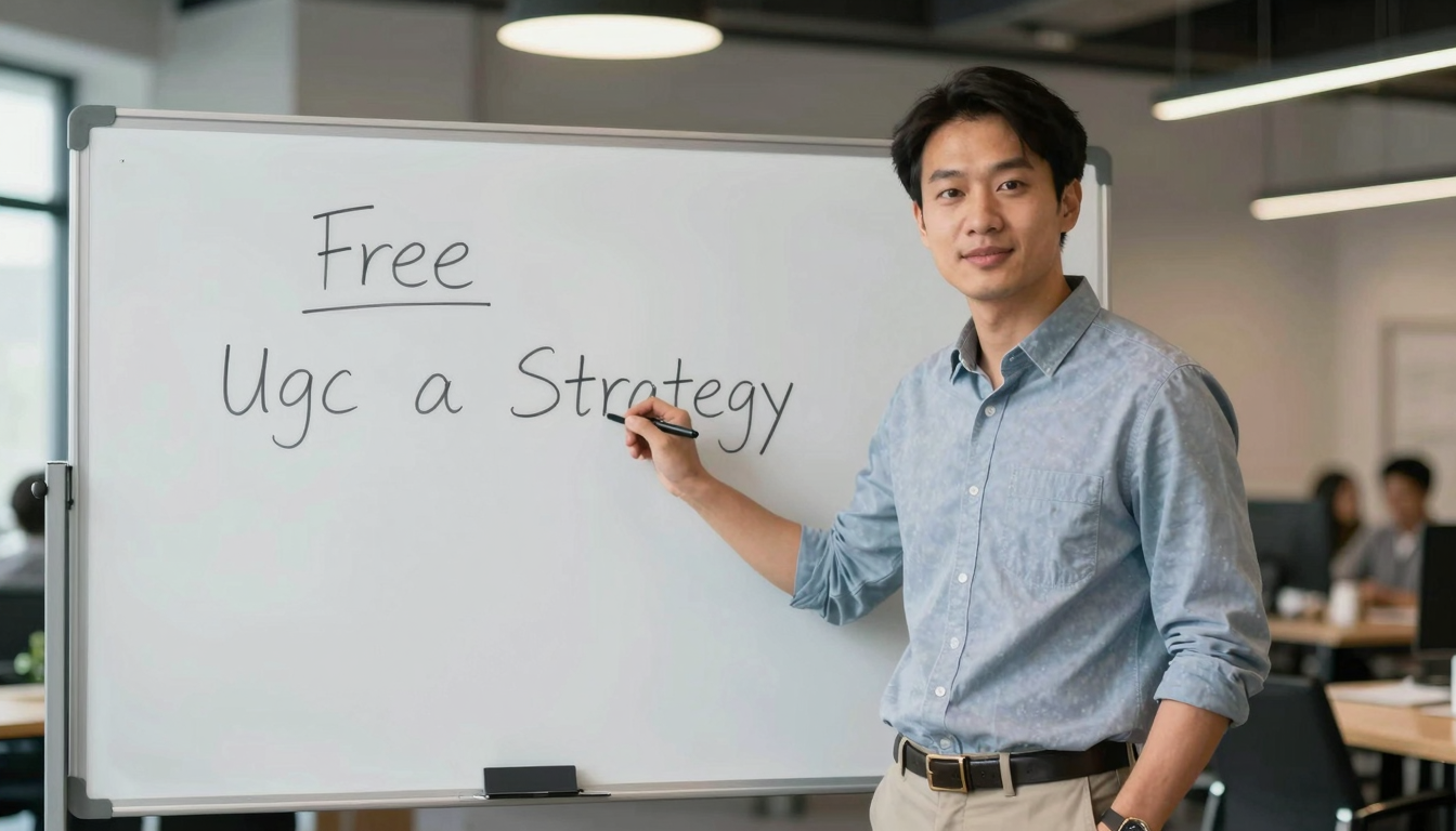 Male entrepreneur presenting free ugc strategy on whiteboard in sleek coworking space, confident stance, business casual - free ugc