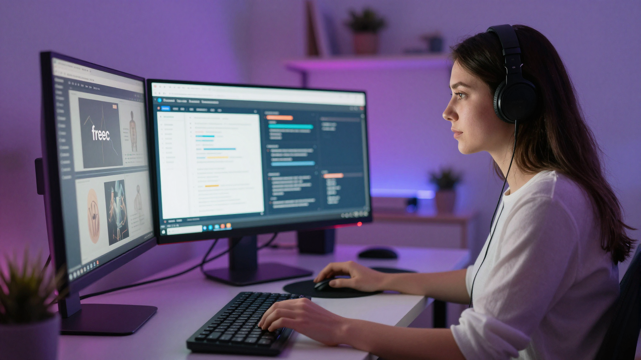 Female digital marketer analyzing free ugc data on dual monitors, neon-lit home office, focused expression - free ugc